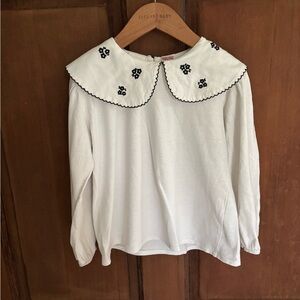 Zara Kids White Long Sleeve Blouse with Floral Embroidered Peter Pan Collar